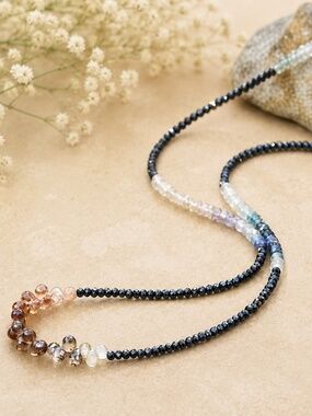 Natural Black Spinel, Ombre Sapphire Wrap Bracelet Convertible Necklace 14k Gold